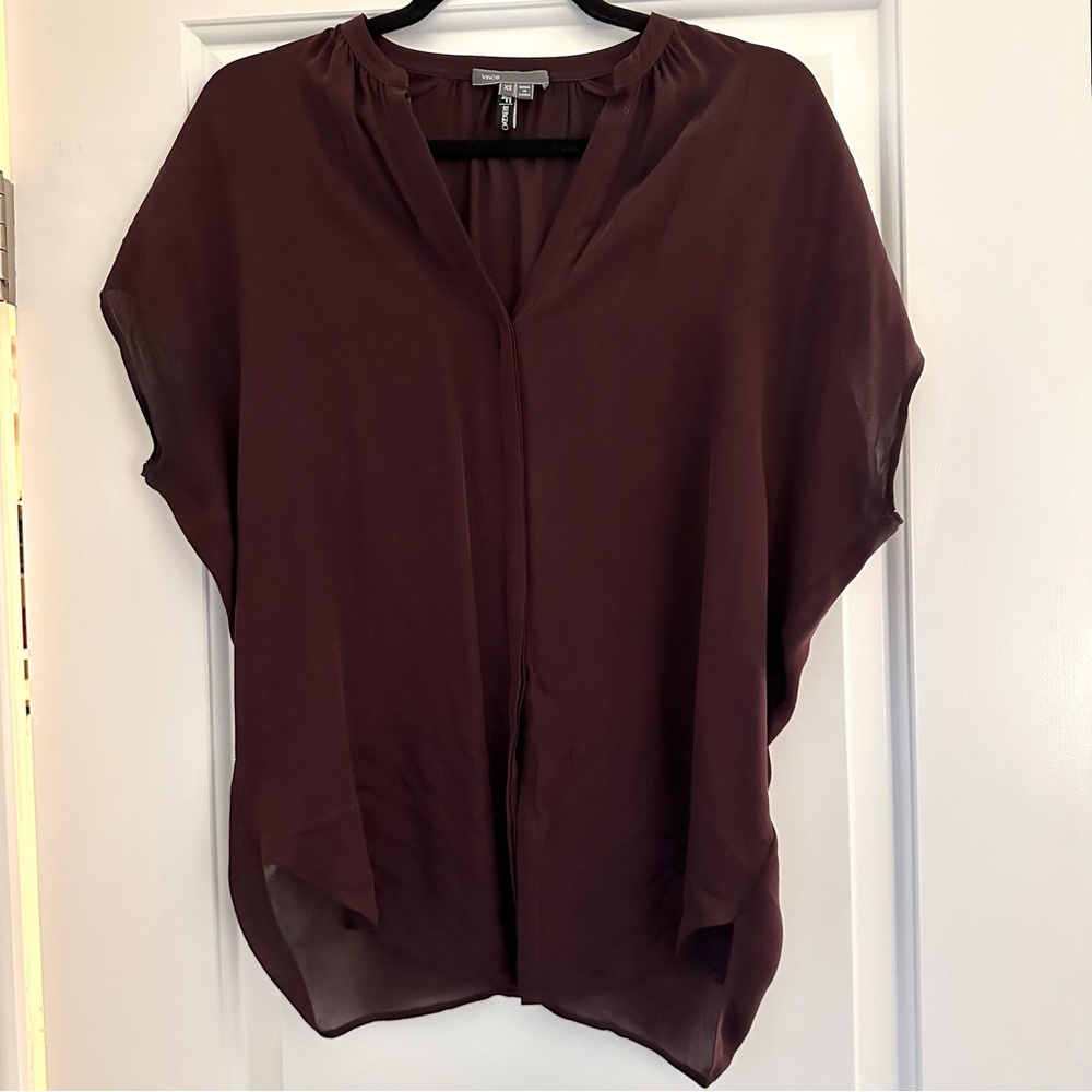 Vince Burgundy Silk V-Neck Blouse